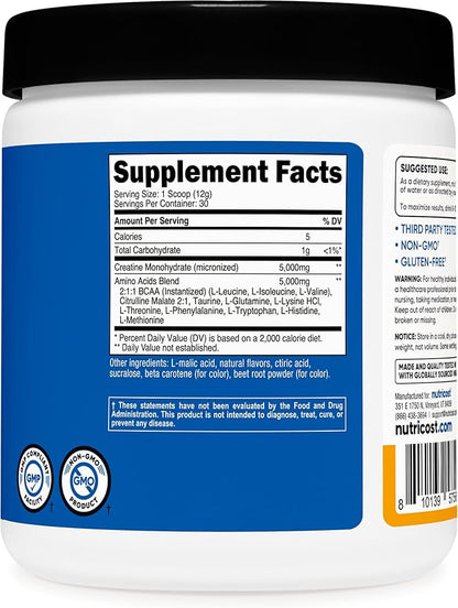 Nutricost Creatine + Aminos 30 Servings (Peach Mango Flavored) - 5,000mg Creatine Monohydrate + 5000mg Amino BCAA Blend Per Serving