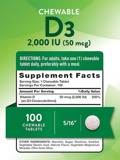 Nature's Truth Chewable Vitamin D3 2,000 IU | 100 Tablets | Berry Flavor | Vegetarian, Non-GMO, & Gluten Free Supplement