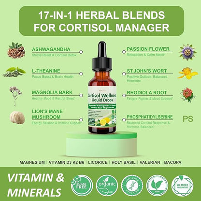 2 Pack Cortisol Supplement Liquid Drops, 17-in-1 Cortisol Detox w. Magnesium Glycinate 400mg Ashwagandha, L-Theanine, Phosphatidylserine, Hormone Balanced for Women, Mood Focus, Sleep Support