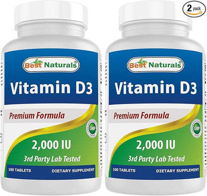 Best Naturals Vitamin D3 2000 IU (50 mcg) - 100 Tablets - 100 Days Supply - Helps Support Immune Health, Strong Bones and Teeth, & Muscle Function (100 Count (Pack of 2))