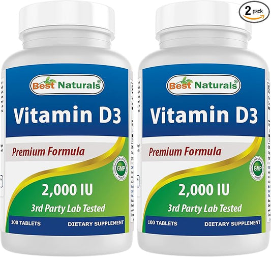 Best Naturals Vitamin D3 2000 IU (50 mcg) - 100 Tablets - 100 Days Supply - Helps Support Immune Health, Strong Bones and Teeth, & Muscle Function (100 Count (Pack of 2))