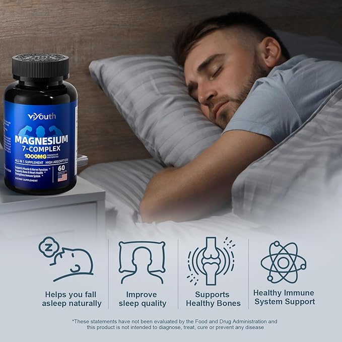 Glycinate Supplement, Magnesium 7 Complex Advanced with Citrate Malate Chelate Taurate Orotate Aspartate, Capsules with Zinc, Vitamin D3 & B6 for Sleep, Muscle Relief, 60 Capsules