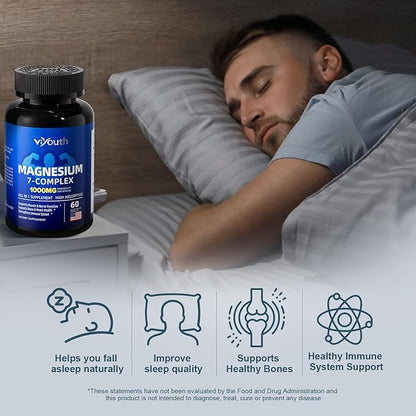 Glycinate Supplement, Magnesium 7 Complex Advanced with Citrate Malate Chelate Taurate Orotate Aspartate, Capsules with Zinc, Vitamin D3 & B6 for Sleep, Muscle Relief, 60 Capsules