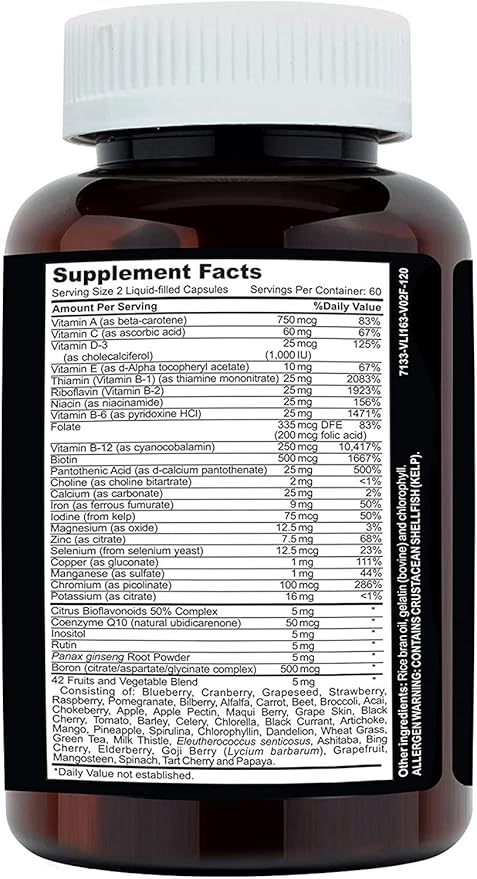 Clinical Daily Complete Whole Food Multivitamin Supplement for Women & Men - Complete Liquid Vitamin Absorption! 42 Superfood Fruits Vegetables - Young Adult to Senior - 120 Liquid Capsules