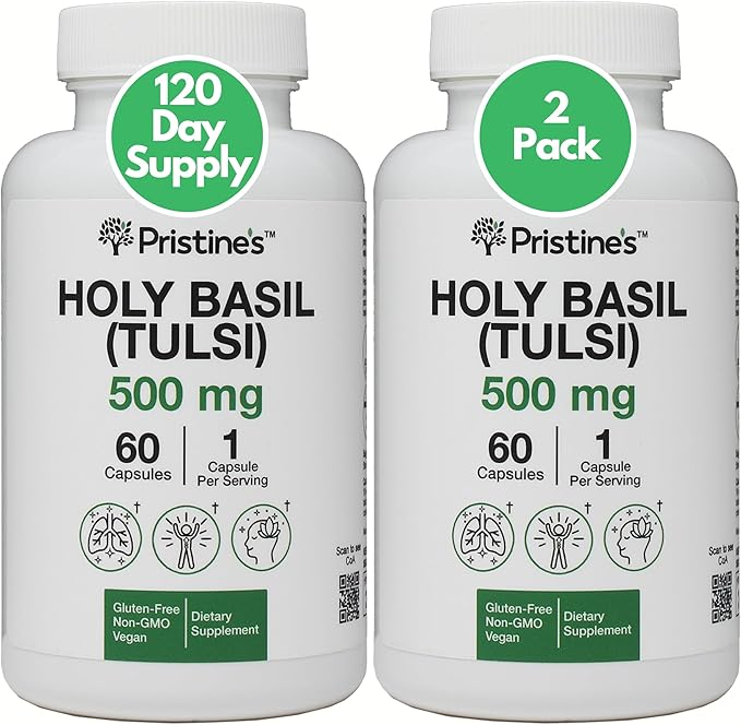 PRISTINE'S Holy Basil (Tulsi) 500 mg (2 Pack) Relaxation & Immunity Support Adaptogen Supplement - 120 Day Supply - Holy Basil Leaf Capsules - Vegan - Non-GMO - Gluten Free Supplements