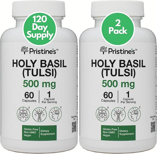 PRISTINE'S Holy Basil (Tulsi) 500 mg (2 Pack) Relaxation & Immunity Support Adaptogen Supplement - 120 Day Supply - Holy Basil Leaf Capsules - Vegan - Non-GMO - Gluten Free Supplements