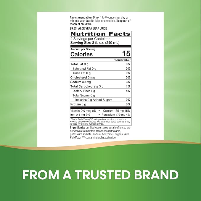 Nature's Way Aloe Vera Leaf Juice with Aloe Polymax+, 99.5% Purified Aloe Vera Leaf Juice from Concentrate, International Aloe Science Council Certified, Unflavored, 33.8 Fl Oz