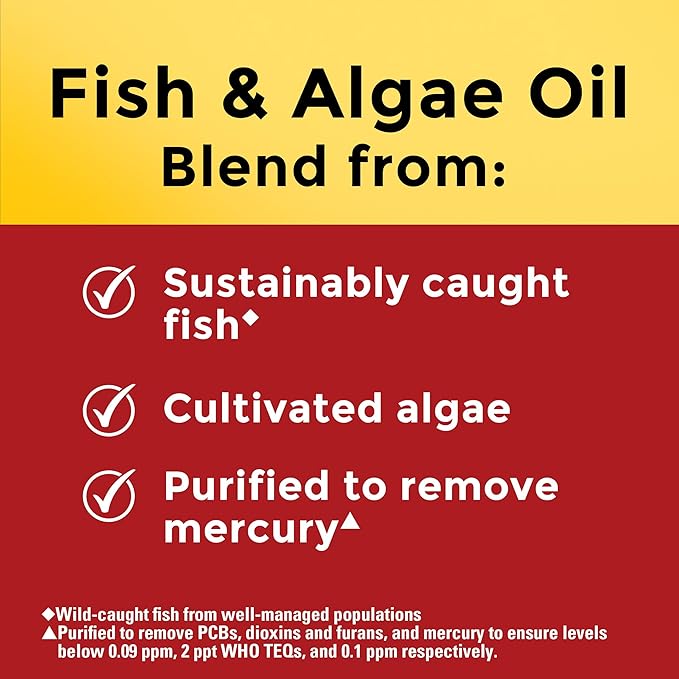 Nature Made Omega 3 Fish Oil and Algae Oil Supplements, 1200mg, Omega 3 Supplement for Heart, Brain and Eyes Support, One Per Day, 60 Softgels