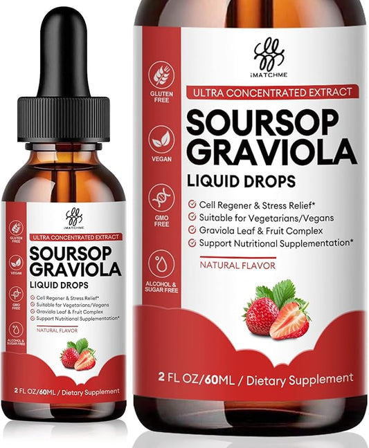 Soursop Graviola Liquid Drop, Soursop Bitters Liquid, Natural Soursop Leaves & Fruit Complex for Overall Wellness, Sugar/Caffeine/Gluten Free, Strawberry Flavor, 2 Fl Oz