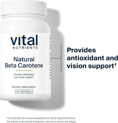 Vital Nutrients Natural Beta Carotene 25,000IU | Precursor to Vitamin A | High-Dose Antioxidant | Vision, Skin, and Health Support | Gluten, Dairy, Soy Free | 90 Softgels
