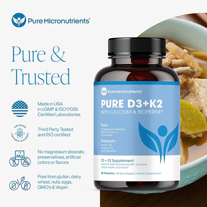 Pure Micronutrients Vitamin D3 K2 Supplement | MK7 100mcg, D3 5000 iu, Calcium + BioPerine | Muscle & Bone Health, Heart, Immunity & Energy Support | Vegan | 60 Capsules