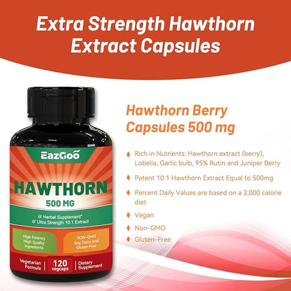 Hawthorn Berry Capsules, Extra Strength Hawthorn Berry Supplement, 120 Vegan Capsules