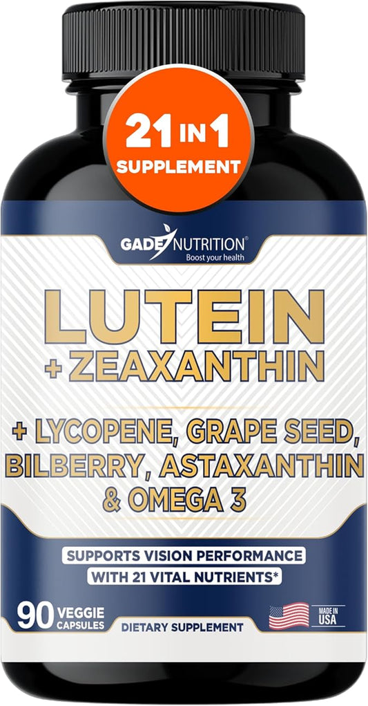 Gade Nutrition Lutein and Zeaxanthin Supplements | Astaxanthin, Omega 3, Resveratrol, Bilberry, Lycopene, Quercetin, Ginkgo Biloba, Vitamin D - Eye Health Vitamins, Eye Support, Health Vision Formula