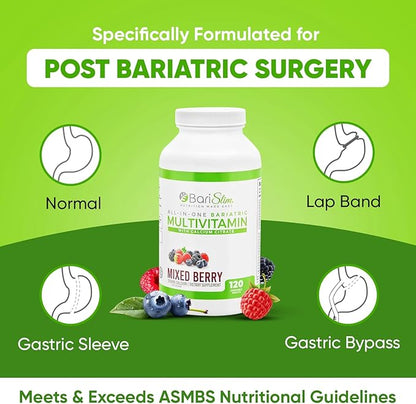 BariSlim All-in-One Bariatric Chewable Multivitamin Tablets w/Calcium Citrate - Bariatric Vitamin for Post Bariatric Surgery Including Gastric Bypass & Gastric Sleeve | Mixed Berry (120 Count)