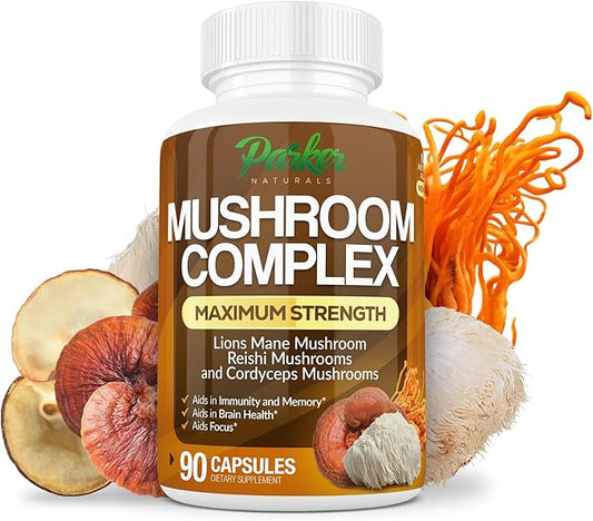 Mushroom Complex Capsules, Premium Lions Mane, Cordyceps, and Reishi Mushroom Supplement, Maximum Strength Organic Mushrooms Supplement, 90 Capsules