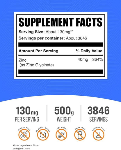 BulkSupplements.com Zinc Glycinate Powder - Zinc Supplement, for Immune Support - Gluten Free, 130mg per Serving, 500g (1.1 lbs) (Pack of 1)