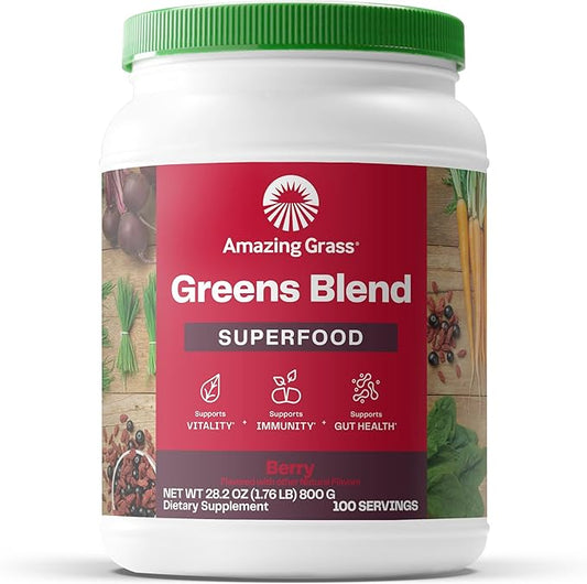 Amazing Grass Greens Blend Superfood: Super Greens Powder with Spirulina, Chlorella, Beet Root Powder, Digestive Enzymes, Prebiotics & Probiotics, Berry, 100 Servings (Packaging May Vary)
