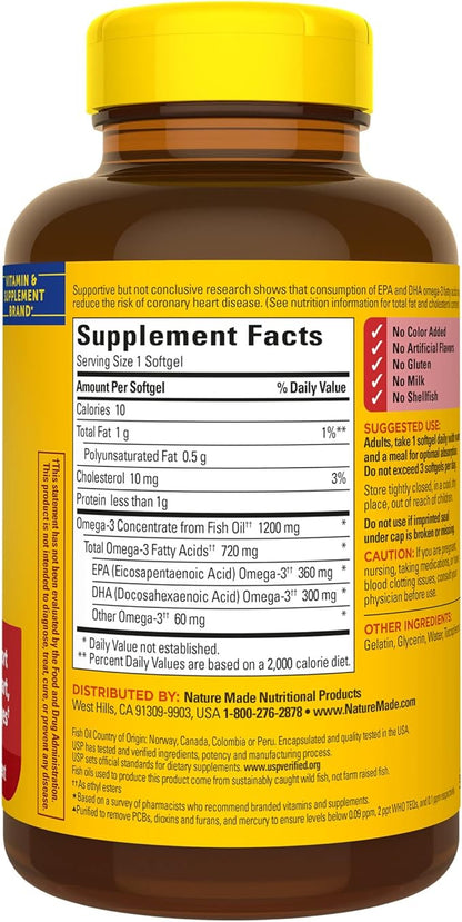 Nature Made Fish Oil Omega 3 Supplements, 1200mg Omega 3 Fish Oil Supplements as Ethyl Esters for Healthy Heart Brain Eyes Support, One Per Day, 100 Softgels (Pack of 2)