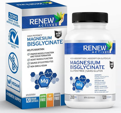 RENEW ACTIVES Magnesium Glycinate 400MG per 2 Capsules Pure Magnesium Bisglycinate for Full Body Relaxation, Sleep, Muscles, Bones & Energy - Electrolyte Balance - Made in Canada -120 Capsules