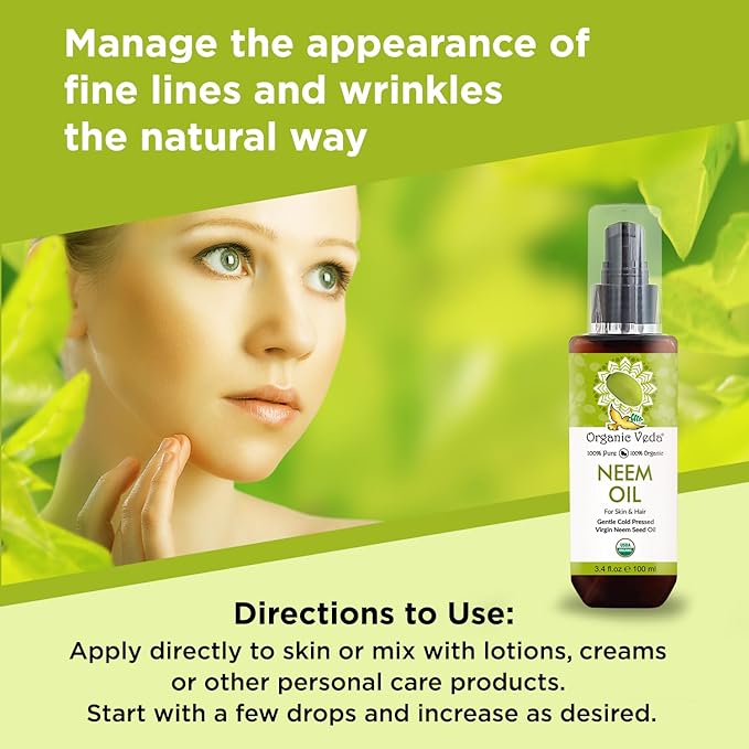 Organic Veda Neem Oil - Pure, Cold Pressed & Organic Neem Oil for Skin, Hair, Face, Body, Scalp - Natural Moisturizer, Virgin Neem seed oil - Rich in Vitamin E, Fatty Acids, Antioxidants - 3.4 fl oz