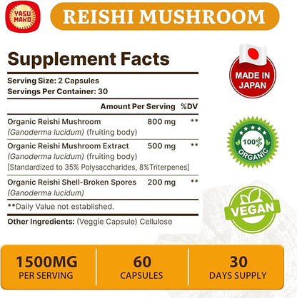 Japanese Reishi Mushroom Supplement 800mg with Reishi Mushroom Extract 500mg & Shell-Broken Spores 200mg,Organic Mushroom Capsules for Immune System - Real Fruiting Body (Pack of 1)