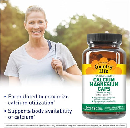 Country Life Target-Mins Calcium Magnesium Complex - 1000mg Calcium, 500mg Magnesium, Gluten-Free Supplement for Bone Health