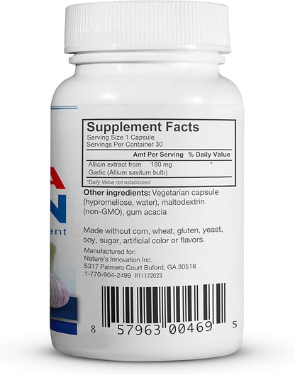 100% Pure Stabilized Allicin from Garlic, Odor-Controlled by Mega Allicin | 180,000mcg (180mg) Vegetarian (vCAPS) Non-GMO, Gluten-Free | Derived from Allium Sativum (30 Count)