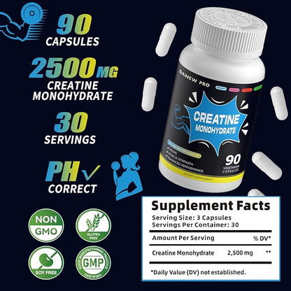 Creatine Monohydrate 2500mg Per Serving, 90 Capsules - Gluten Free, Non-GMO