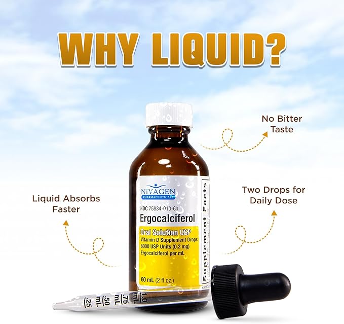 Vitamin D2 Liquid Drops as Ergocalciferol, Faster Absorption, 400iu Vitamin D2 8,000 USP, 1,200 Servings, 60ml - 2 fl.oz.