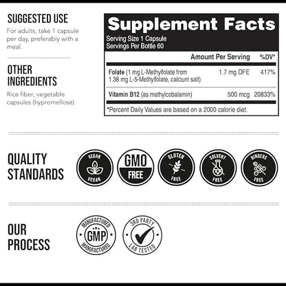 L Methyl Folate 1000 mcg Plus Methyl B12 Cofactor – Active 5-MTHF Form - Supports Mood, Methylation, Cognition – Highly Bioavailable Bioactive Forms of Vitamin B9 & B12 (60 Capsules – 60 Servings)