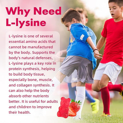 L-Lysine 1000mg Gummies, Chewable Lysine Supplement for Adults & Kids Immune Support, Essential Amino Acid, Vegetarian, Non-GMO, Sugar-Free, Gluten Free, Strawberry Flavor, 60 Counts