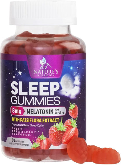 Sleep Gummy 8mg Melatonin - Extra Strength Sleep Support with 20mg Passiflora, Natural Sleeping Gummies for Adults, Vegan & Non-GMO, Melatonin Supplement for Restful Sleep Women & Men - 60 Gummies