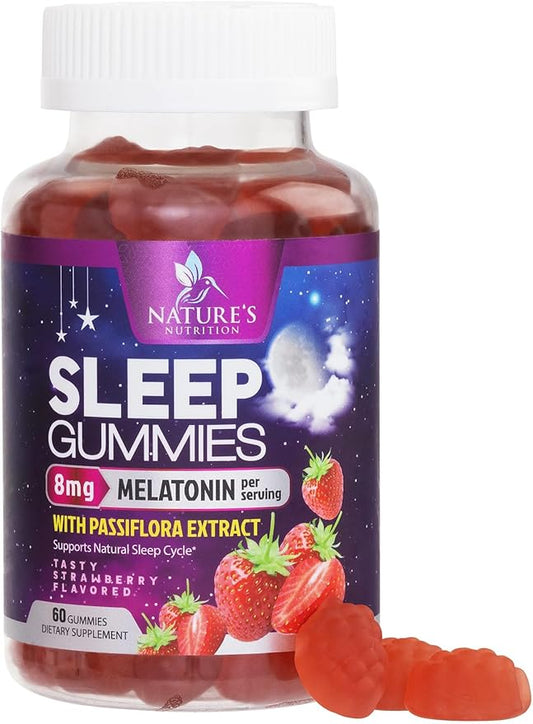 Sleep Gummy 8mg Melatonin - Extra Strength Sleep Support with 20mg Passiflora, Natural Sleeping Gummies for Adults, Vegan & Non-GMO, Melatonin Supplement for Restful Sleep Women & Men - 60 Gummies