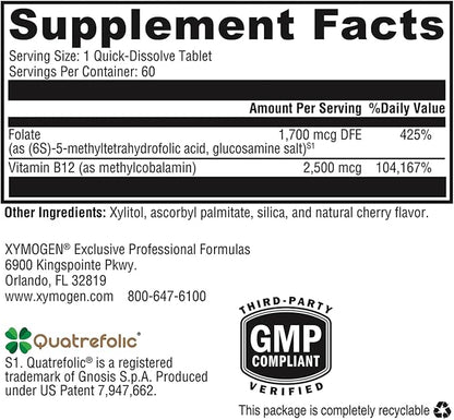 XYMOGEN 5-MTHF Plus B12 - Biologically Active Folate + Methyl B12 (Methylcobalamin) to Support Methylation and Nervous System Health - Great-Tasting Cherry Flavor (60 Quick-Dissolve Tablets)