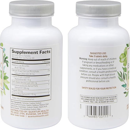 Quantum Health SuperLysine+ Advanced Formula Immune Support Supplement Lysine 1500 mg, Vitamin C Echinacea Licorice Bee Propolis & Odorless Garlic - 180 Tablets (Pack of 2)