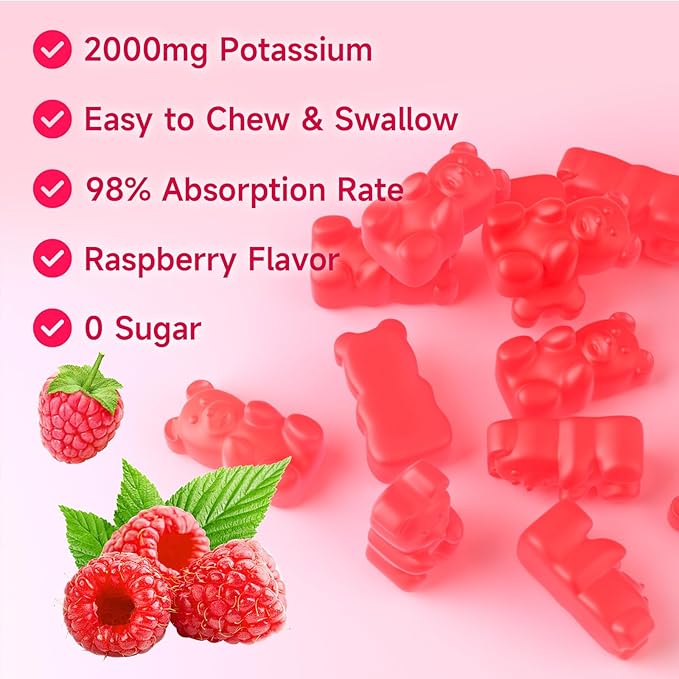 Potassium Gummies for Women & Men, High Dose Potassium Supplement 2000mg Supports Muscle Cramps & Electrolyte Balance, Raspberry Flavor 120 Count