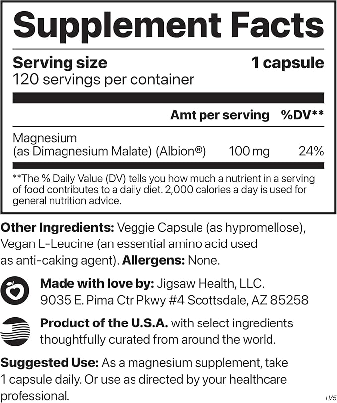 Jigsaw Health MagPure Malate | Premium Magnesium Malate Capsules | 120 Capsules