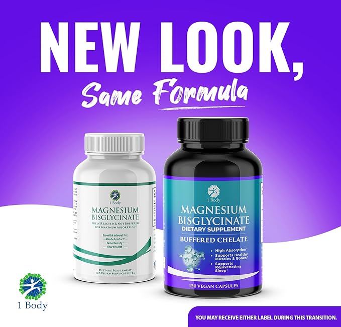 1 Body Magnesium Bisglycinate Supplement, 44 mg Pure Chelated Formula, 120 Capsules, Maximum Absorption, Muscle Cramp Relief