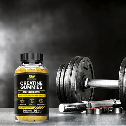 Creatine Monohydrate Gummies | 1g Per Gummy | Vegan Creatine Gummies Supplement for Men & Women | Strength, Muscle Growth, Energy, Endurance | Natural Lemon Flavor, Made in USA (90ct)