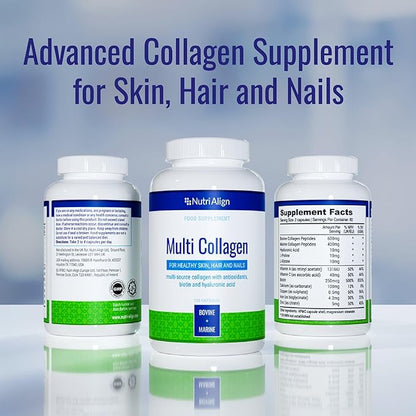 Nutri-Align Multi Collagen | 120 Collagen Peptides Capsules - 600mg Bovine Collagen & 400mg Marine Collagen per Serving | Collagen for Women Hair, Skin & Nails with Vitamins & Amino Acids | Sugar Free