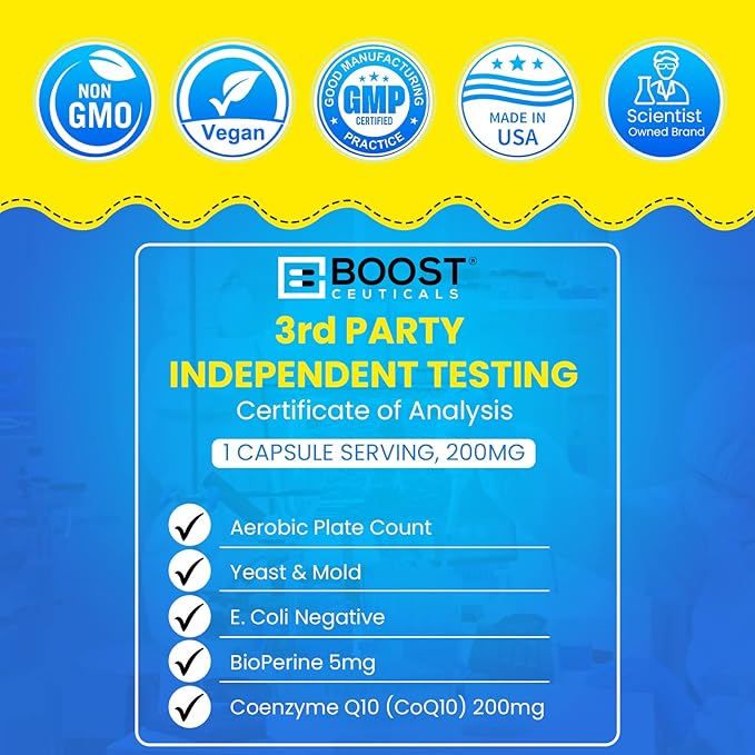 BoostCeuticals CoQ10 Vegan High Absorption 200mg Supplement – Premium Pure Non GMO No Stearates Gluten Free - Clean Pure Coq10-90 Capsules