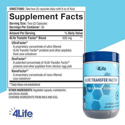 4Life Transfer Factor Tri-Factor Formula - Advanced Immune Support with Cow Colostrum & Chicken Egg Yolk - 60 Veggie Capsules