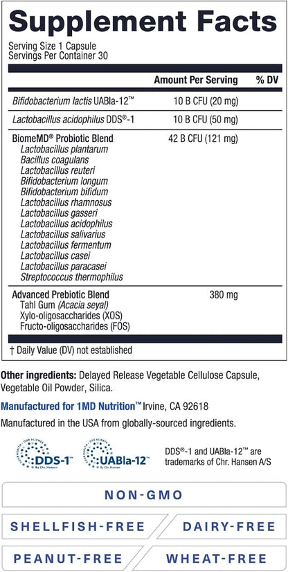 1MD Nutrition BiomeMD Probiotics | 62 Billion CFUs, 15 Comprehensive Strains - Pro & Prebiotics | Doctor-Formulated for Digestive Health & Immune Support | 60 Capsules