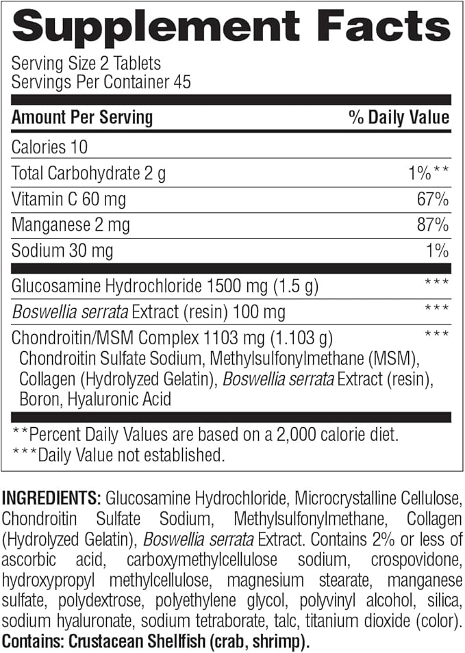 Nature's Wonder Triple Strength Glucosamine Chondroitin with MSM and Hyaluronic Acid and Boswellia for Joint Health, Supports Joint Flexibility and Mobility, 45 Day Supply, 90 Tablets