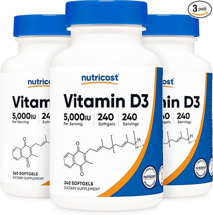 Nutricost Vitamin D3 5,000 IU, 240 Softgels (3 Bottles)