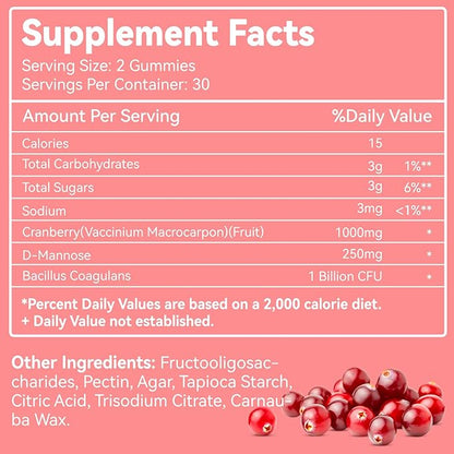 Cranberry Gummies 1000mg, Cranberry Supplements for Women, with D-Mannose 250mg, Womens Probiotic Gummies, Urinary Tract Health, Cranberry Flavor, NO GMOs, 60 Count