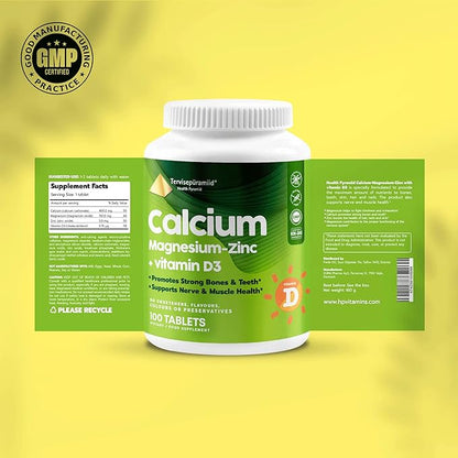 Health Pyramid Calcium Magnesium Zinc with Vitamin D3 Supplement for Strong Bones and Teeth Cal Mag Zinc Supports Nerve and Muscle Health 100 Vegan Tablets