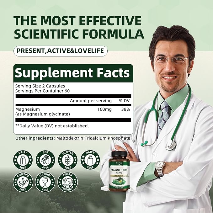 Magnesium Glycinate 800mg Chelated Supplement,160mg Magnesium Per Serving - 99% High Absorption - Supports for Muscle, Joint Health, Heart & Sleep - 180 Veggie Capsules