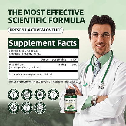 Magnesium Glycinate 800mg Chelated Supplement,160mg Magnesium Per Serving - 99% High Absorption - Supports for Muscle, Joint Health, Heart & Sleep - 180 Veggie Capsules