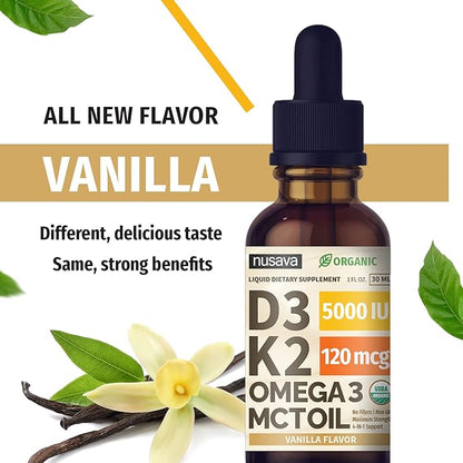 (2 Pack) Organic Vitamin D3 K2 Drops with MCT Oil Omega 3, 5000 IU - Maximum Strength Vitamin D Liquid, No Fillers, Non-GMO Liquid D3 for Faster Absorption and Immune Support (Vanilla, 1 Fl OZ x 2)